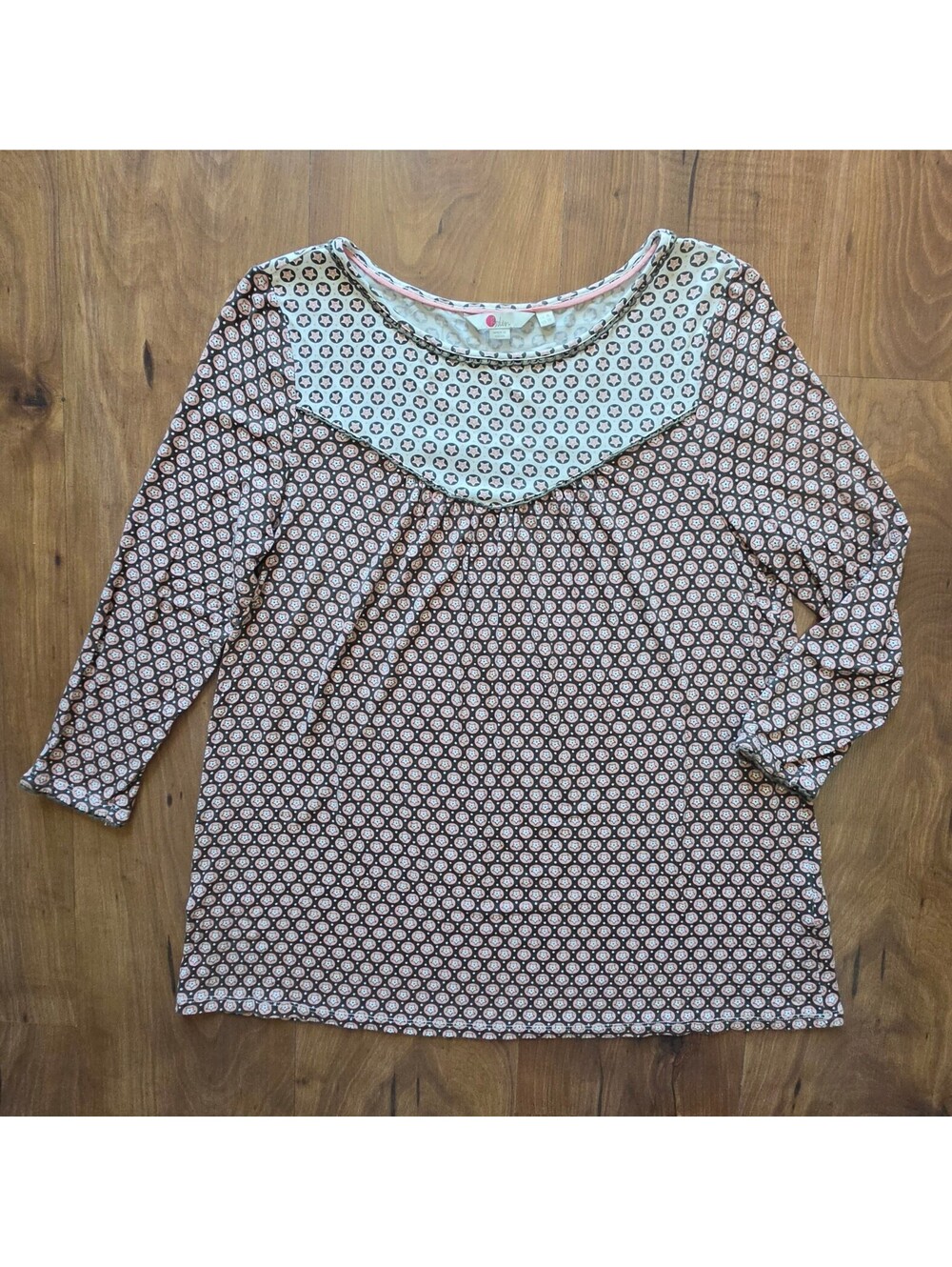Boden Natasha Top Sz 10 Pnk Brwn Geometric Star Print 3/4 Sl Jersey Blouse, 467